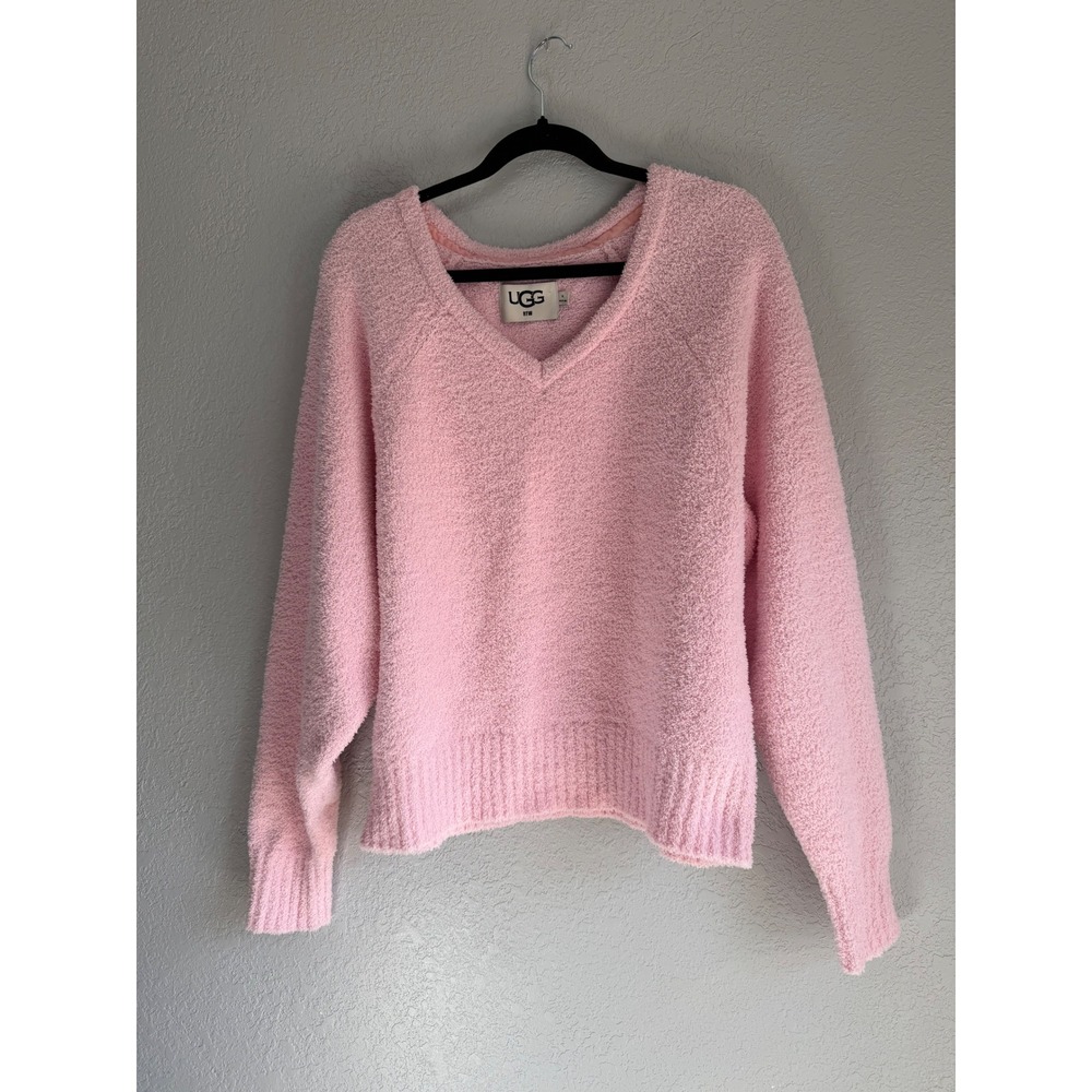 UGG Plush Cloud Fuzzy Knit V-Neck Pullover Sweater Light Pink M